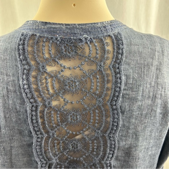 Made In Italy Blue Linen Button Down Blouse with Roll-tab Sleeves M - Picture 7 of 11